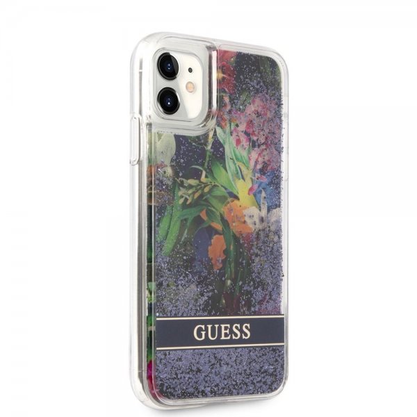 Guess iPhone 11 Deksel Liquid Glitter Flower Pattern Blå