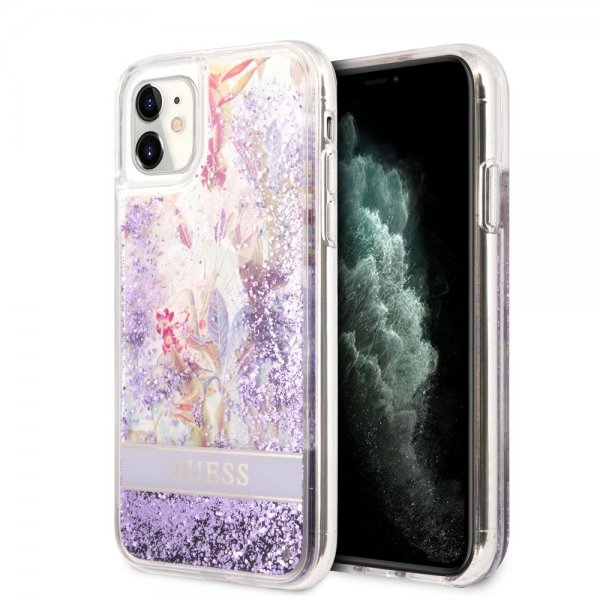 Guess iPhone 11 Deksel Liquid Glitter Flower Pattern Lilla