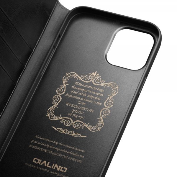 Qialino iPhone 12/iPhone 12 Pro Etui Ekte Skinn Svart