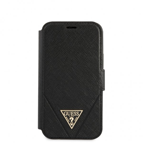Guess iPhone 12 Mini Etui Gold Triangle Saffiano Svart