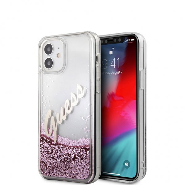 Guess iPhone 12 Mini Deksel Liquid Glitter Vintage Rosa
