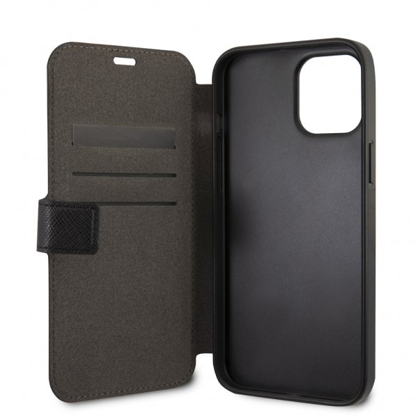 Guess iPhone 12 Pro Max Etui Gold Triangle Saffiano Svart