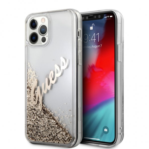 Guess iPhone 12 Pro Max Deksel Liquid Glitter Vintage Gull