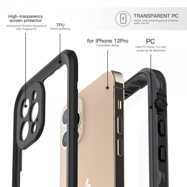 Redpepper iPhone 12 Pro Deksel Vanntett IP68 Svart