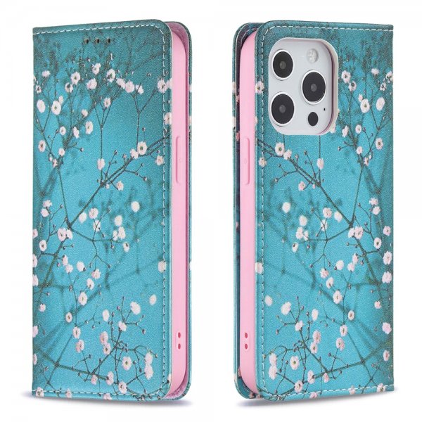 iPhone 13 Pro Etui Flip Motiv Plomme Blomstrer