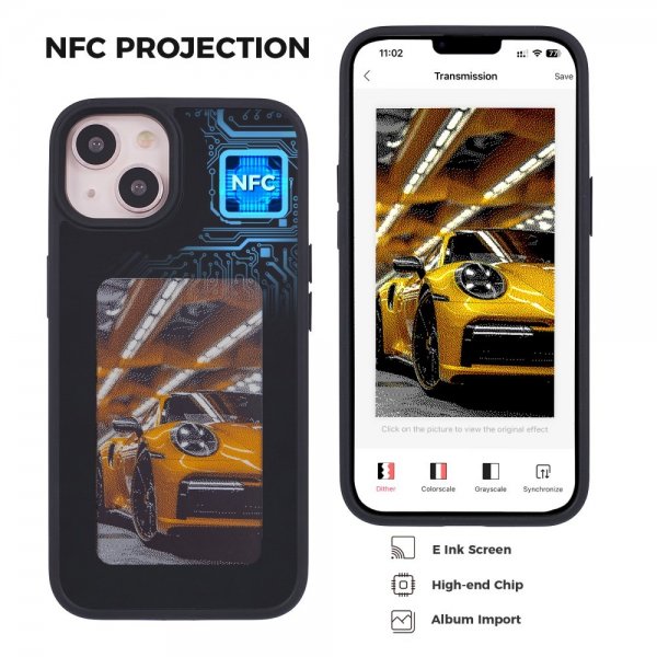 iPhone 13/iPhone 14 Deksel Innebygd skjerm E Ink Case Svart