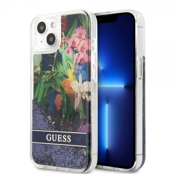 Guess iPhone 13 Mini Deksel Liquid Glitter Flower Pattern Blå