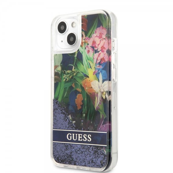 Guess iPhone 13 Mini Deksel Liquid Glitter Flower Pattern Blå