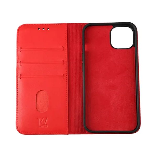 Rvelon iPhone 13 Etui Ekte skinn Kortlommer Rød