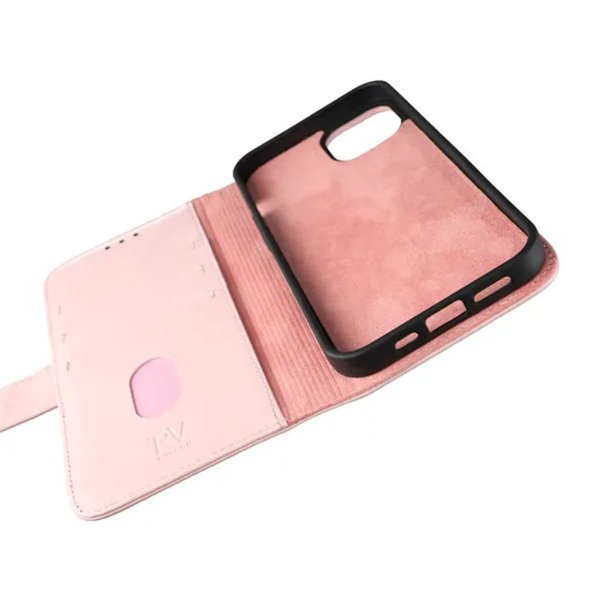Rvelon iPhone 13 Etui Ekte skinn Kortlommer Rosa