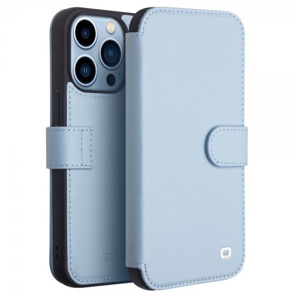 Qialino iPhone 13 Pro Etui Ekte skinn Kortlommer Blå