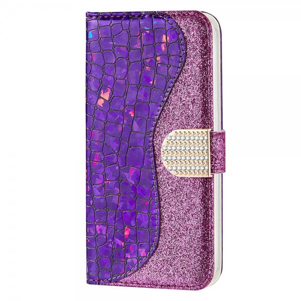 iPhone 13 Pro Etui Krokodillemønster Glitter Lilla