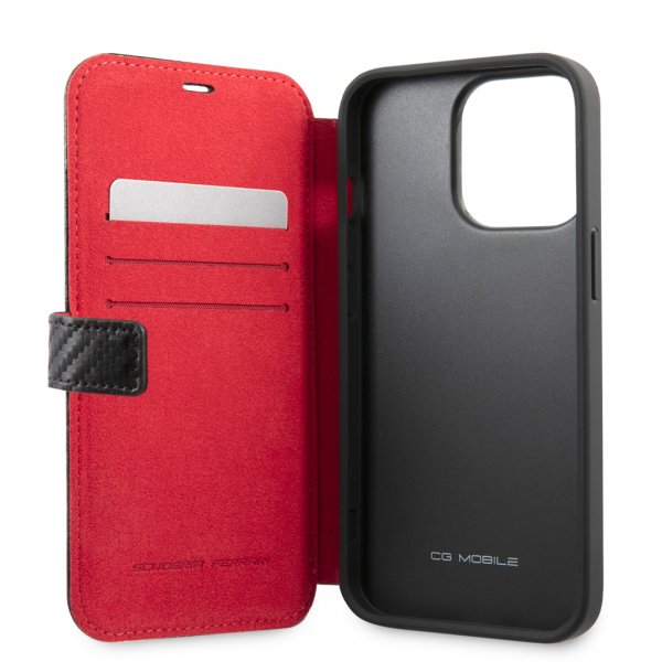 Ferrari iPhone 13 Pro Max Etui Carbon Effect Metal Logo Vertical Stripe Svart