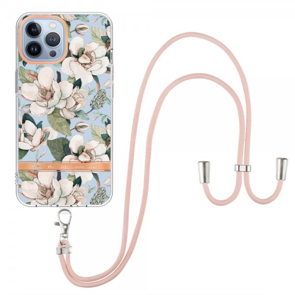 iPhone 13 Pro Max Deksel Blomstermønster Stropp Grønn Gardenia