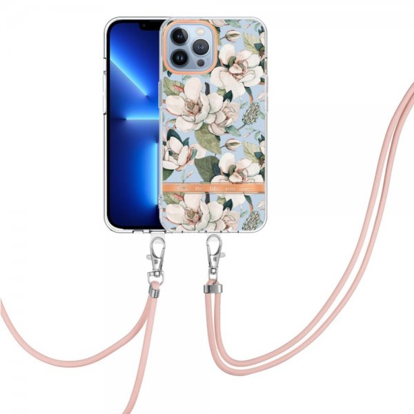 iPhone 13 Pro Max Deksel Blomstermønster Stropp Grønn Gardenia