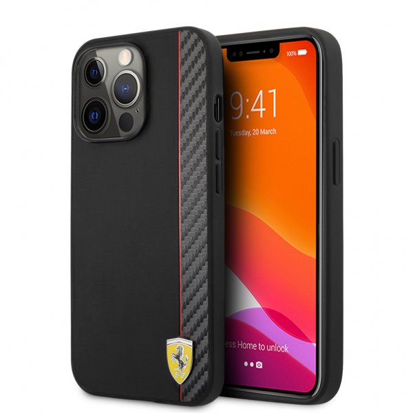 Ferrari iPhone 13 Pro Max Deksel Carbon Effect Metal Logo Vertical Stripe Svart