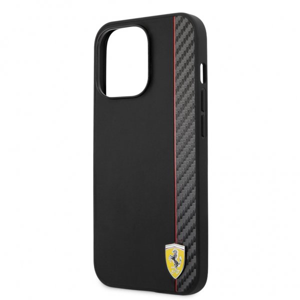 Ferrari iPhone 13 Pro Max Deksel Carbon Effect Metal Logo Vertical Stripe Svart