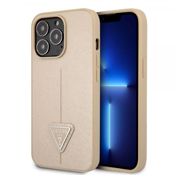 Guess iPhone 13 Pro Max Deksel Saffiano Metal Triangle Beige