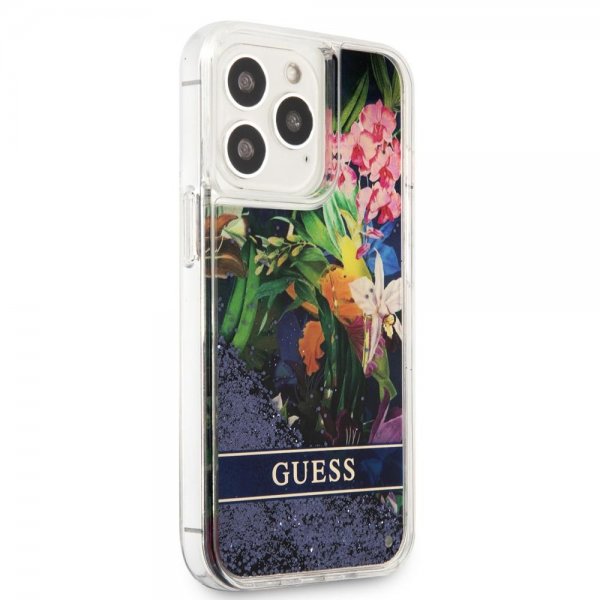 Guess iPhone 13 Pro Deksel Liquid Glitter Flower Pattern Blå