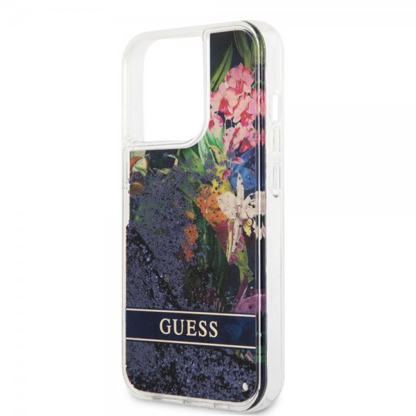 Guess iPhone 13 Pro Deksel Liquid Glitter Flower Pattern Blå