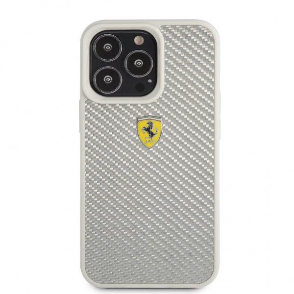 Ferrari iPhone 13 Pro Deksel Real Carbon Metal Logo Sølv