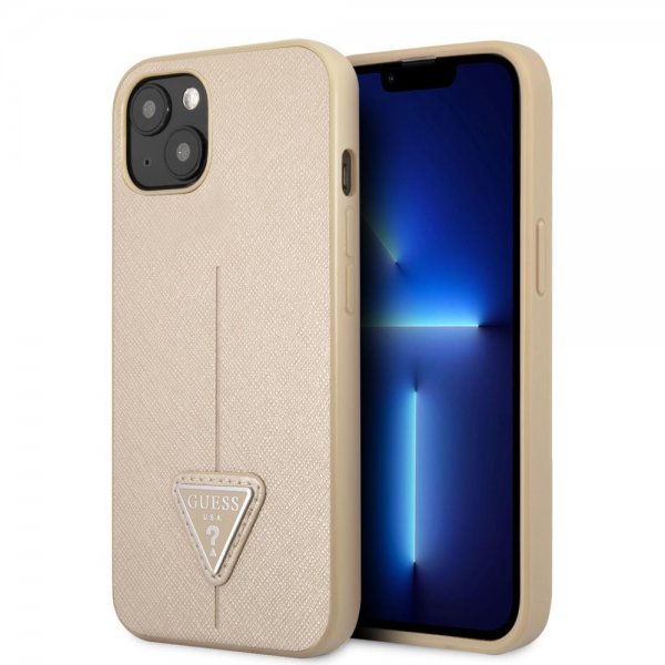 Guess iPhone 13 Deksel Saffiano Metal Triangle Beige
