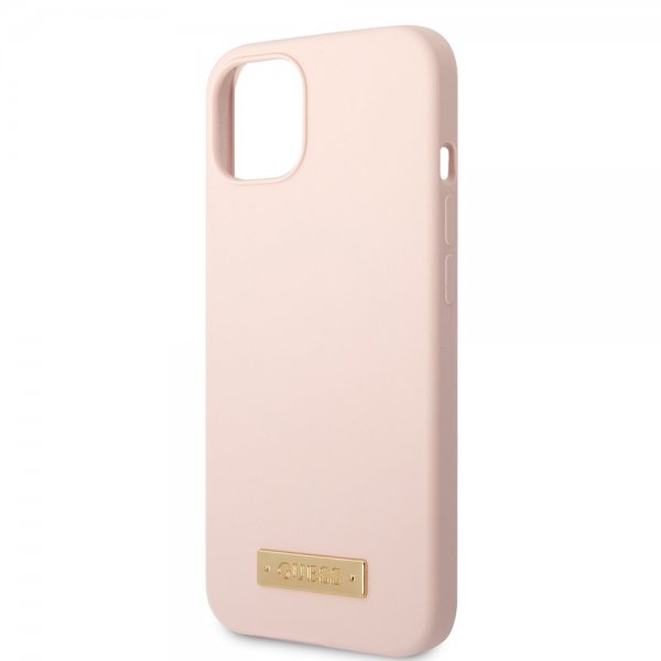 Guess iPhone 13 Deksel Silicone Metal Plate MagSafe Rosa