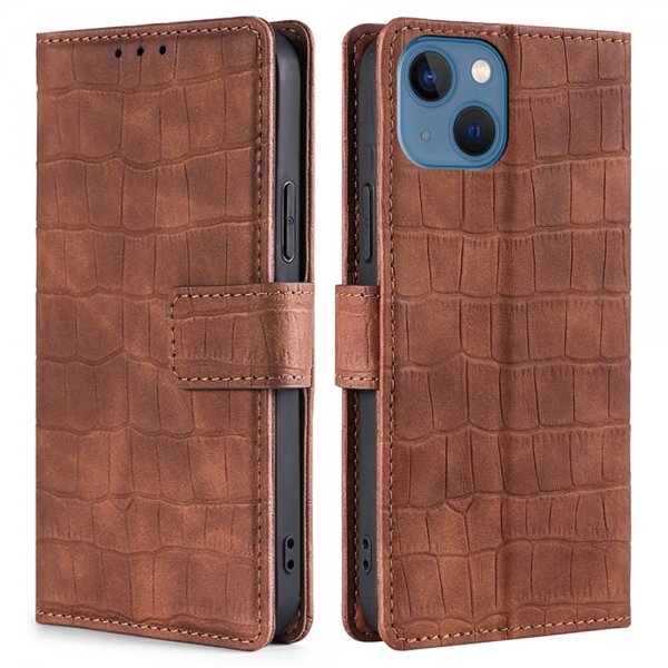 iPhone 14 Plus Etui Krokodillemønster Brun