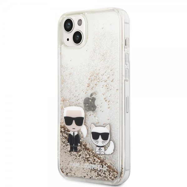 Karl Lagerfeld iPhone 14 Plus Deksel Liquid Glitter Karl & Choupette Gull