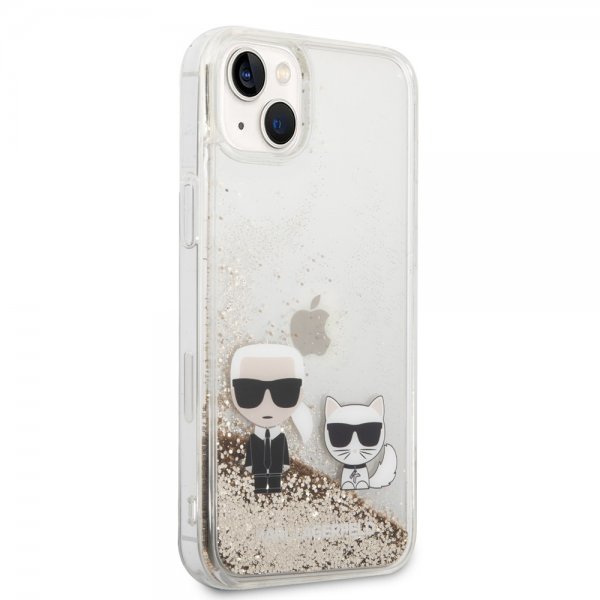 Karl Lagerfeld iPhone 14 Plus Deksel Liquid Glitter Karl & Choupette Gull