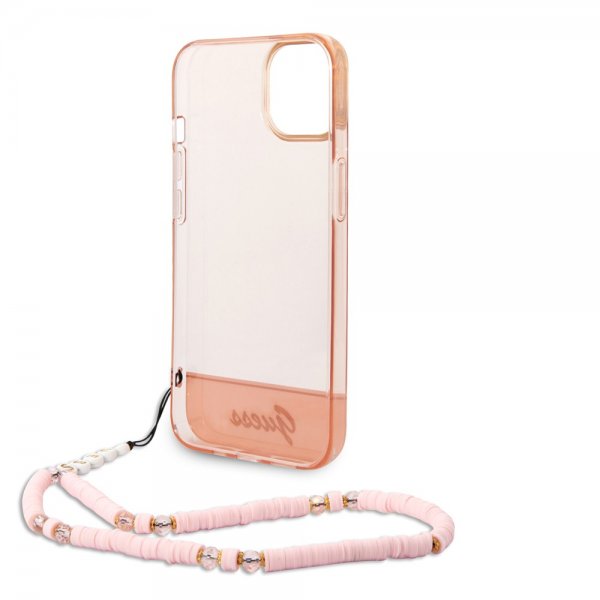 Guess iPhone 14 Plus Deksel Translucent with Strap Rosa