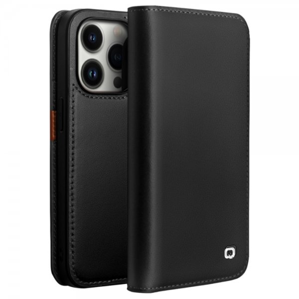 Qialino iPhone 14 Pro Max Etui Ekte Skinn Svart