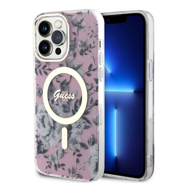 Guess iPhone 14 Pro Max Deksel Flower MagSafe Rosa