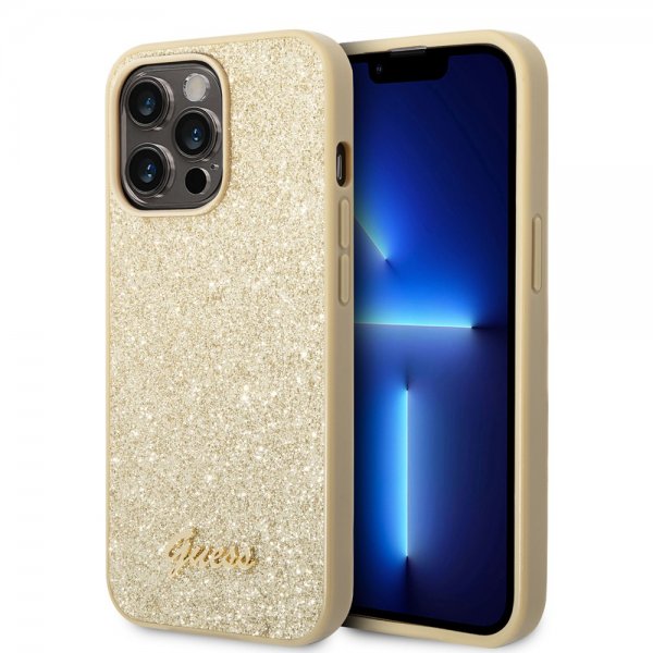 Guess iPhone 14 Pro Max Deksel Glitter Flakes Metal Logo Gull