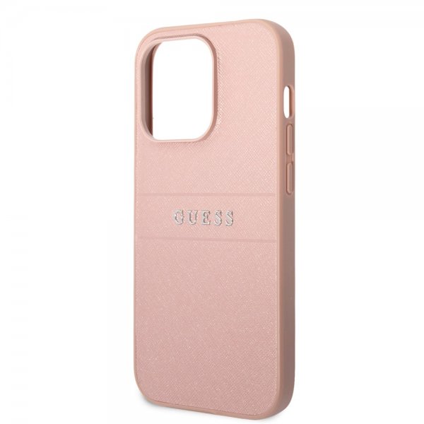 Guess iPhone 14 Pro Max Deksel Saffiano Metal Logo Stripes Rosa