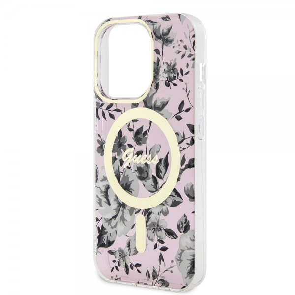 Guess iPhone 14 Pro Deksel Flower MagSafe Rosa