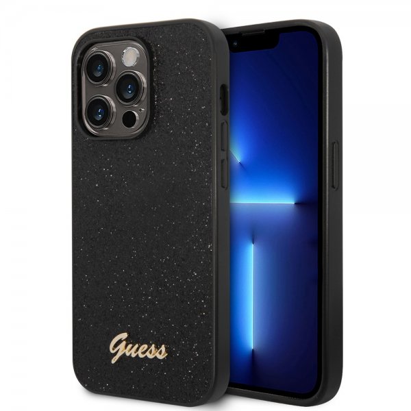 Guess iPhone 14 Pro Deksel Glitter Flakes Metal Logo Svart
