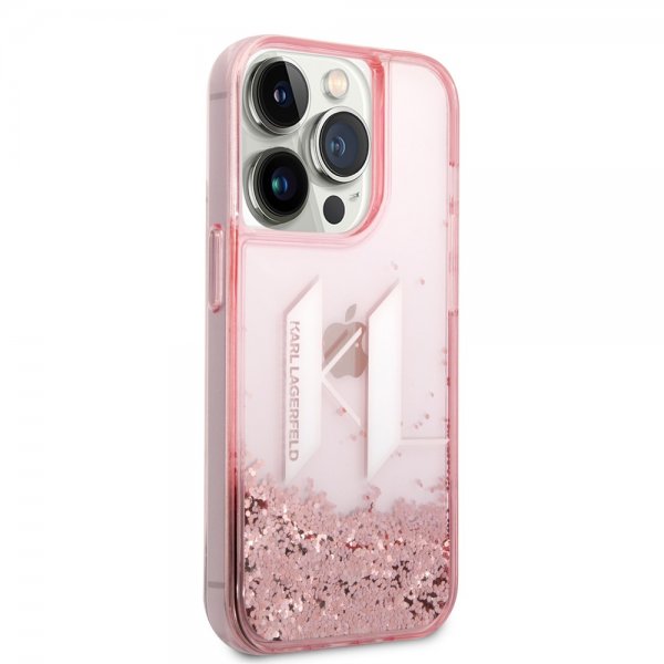 Karl Lagerfeld iPhone 14 Pro Deksel Liquid Glitter Big Logo Rosa