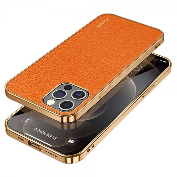 Sulada iPhone 14 Pro Deksel Litchimønster Belagt Kant Oransje