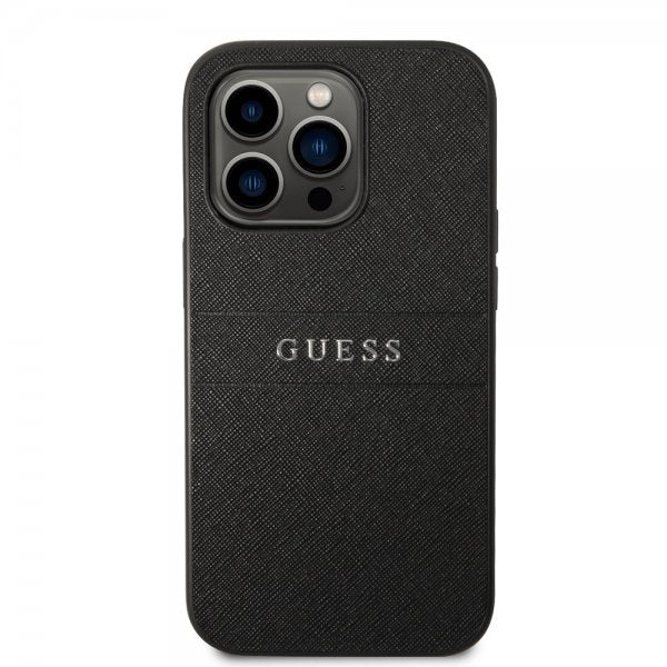 Guess iPhone 14 Pro Deksel Saffiano Metal Logo Stripes Svart