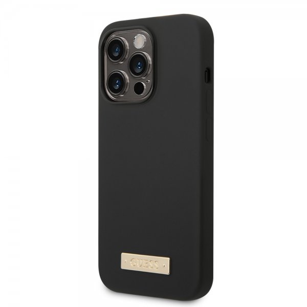 Guess iPhone 14 Pro Deksel Silicone Metal Plate MagSafe Svart