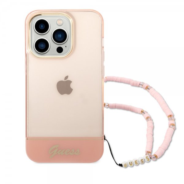 Guess iPhone 14 Pro Deksel Translucent with Strap Rosa