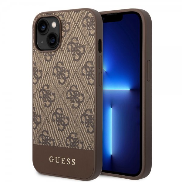 Guess iPhone 14 Deksel Bottom Stripe Metal Logo Brun