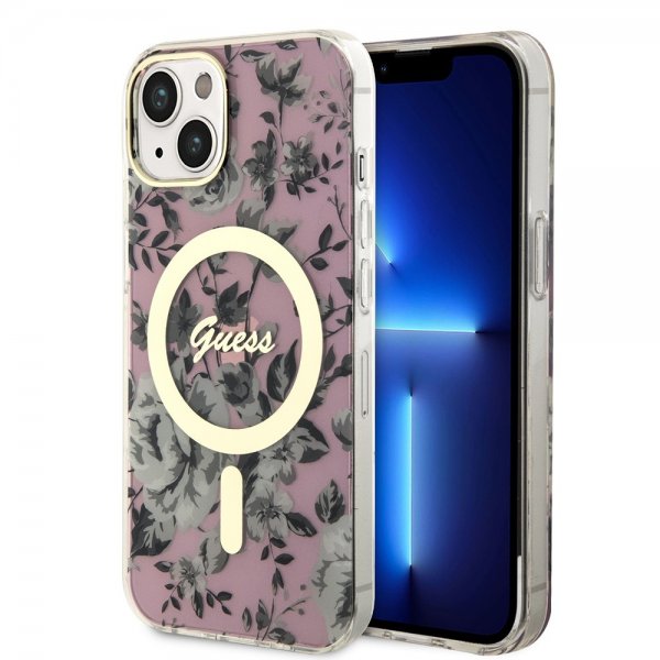 Guess iPhone 14 Deksel Flower MagSafe Rosa