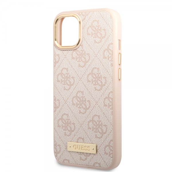 Guess iPhone 14 Deksel Metal Plate Logo MagSafe Rosa