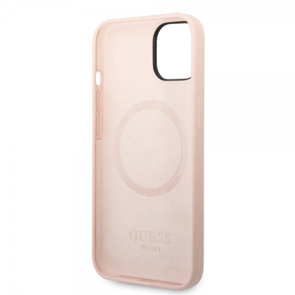 Guess iPhone 14 Deksel Silicone Metal Plate MagSafe Rosa