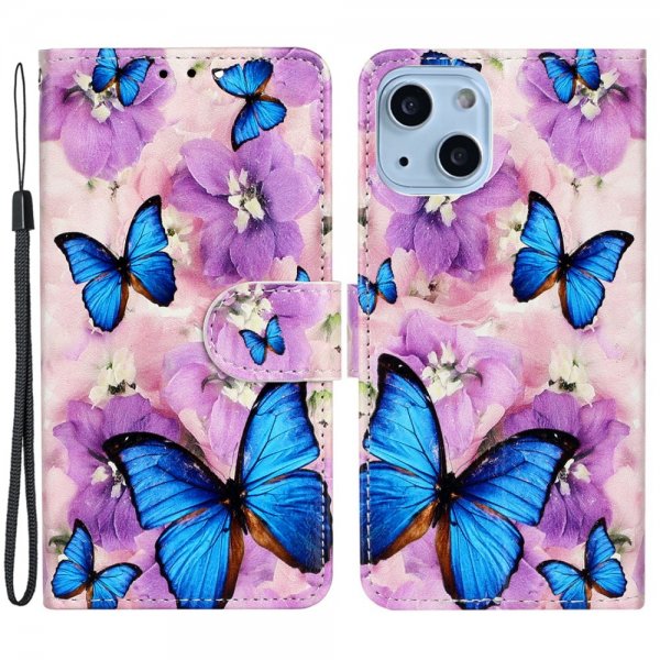 iPhone 15 Plus Etui Motiv Lilla Blomster Blå Sommerfugler
