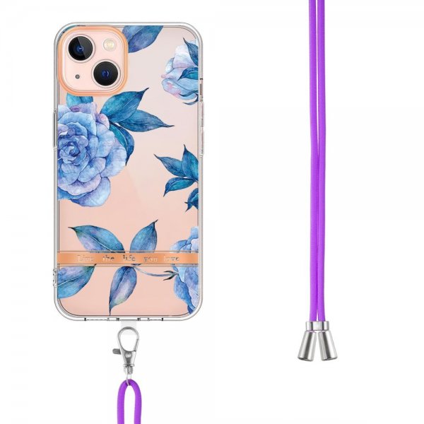 iPhone 15 Plus Deksel Blomstermønster Stropp Blå Pion