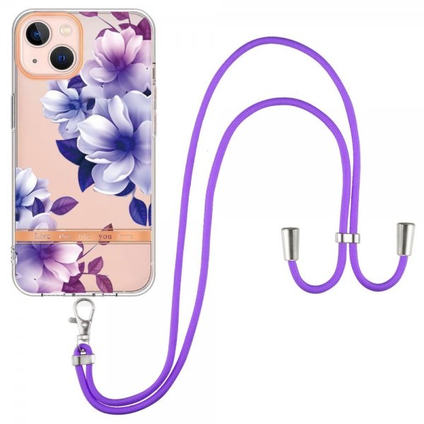 iPhone 15 Plus Deksel Blomstermønster Stropp Lilla Begonia