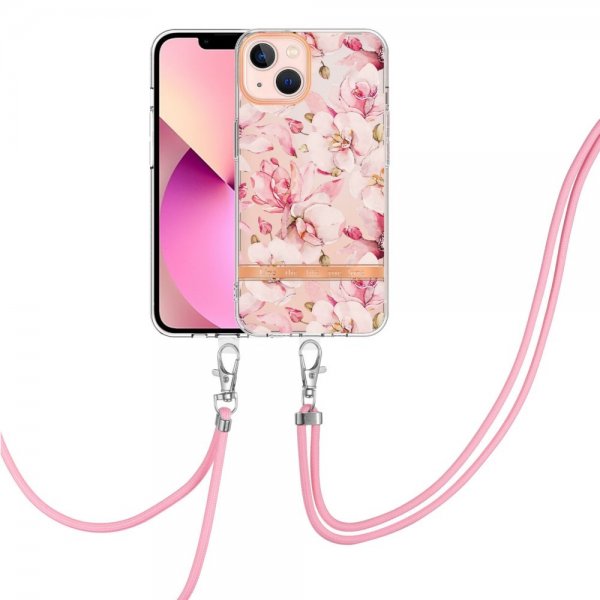 iPhone 15 Plus Deksel Blomstermønster Stropp Rosa Gardenia